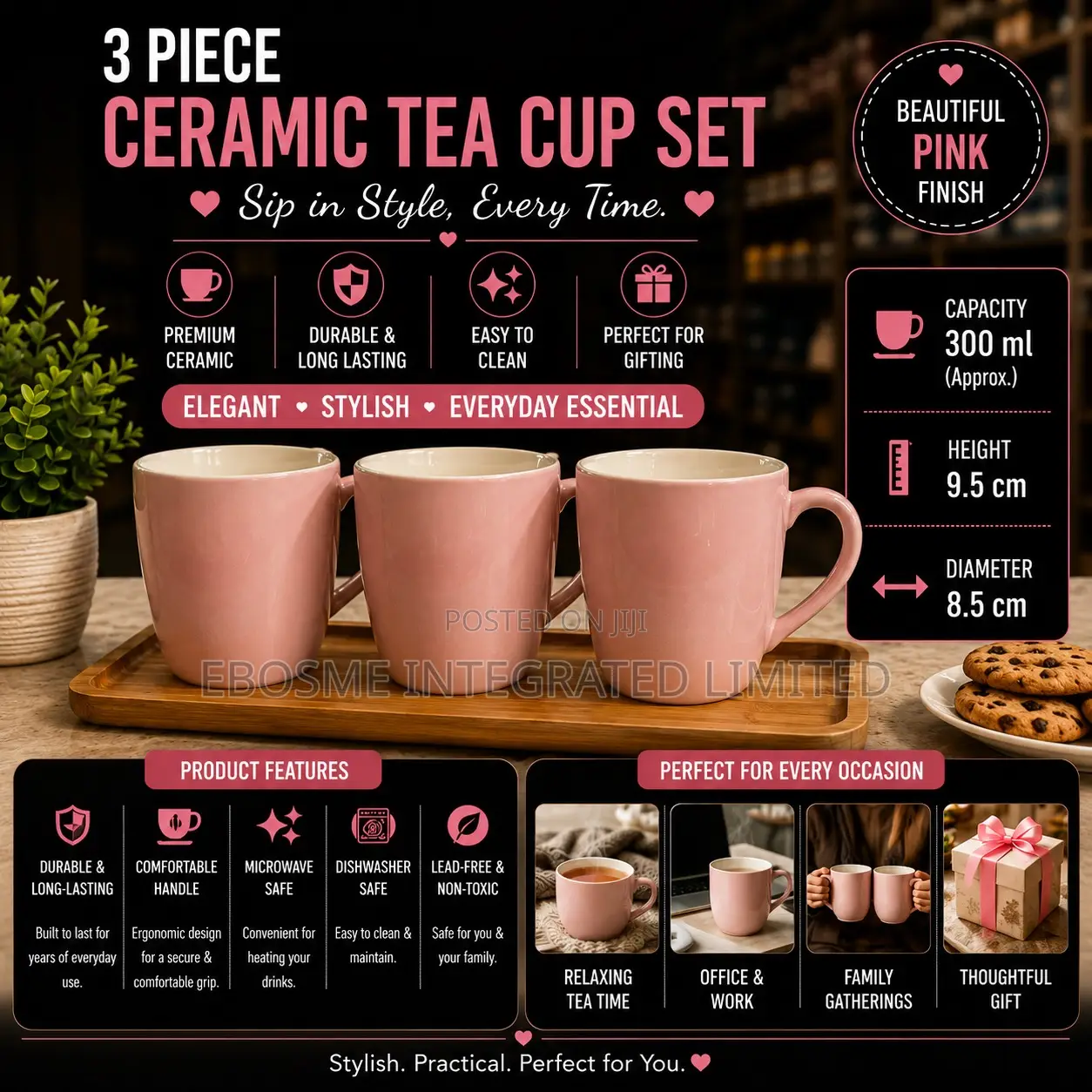 Ceramic Tea Cup Set Pink (3pcs)