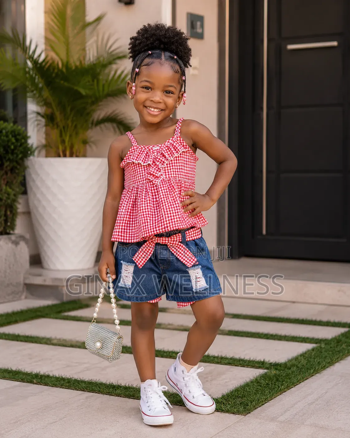 Red Check Tank Top With Ripped Jeans Shorts Set for Girls (4-7 Years)
