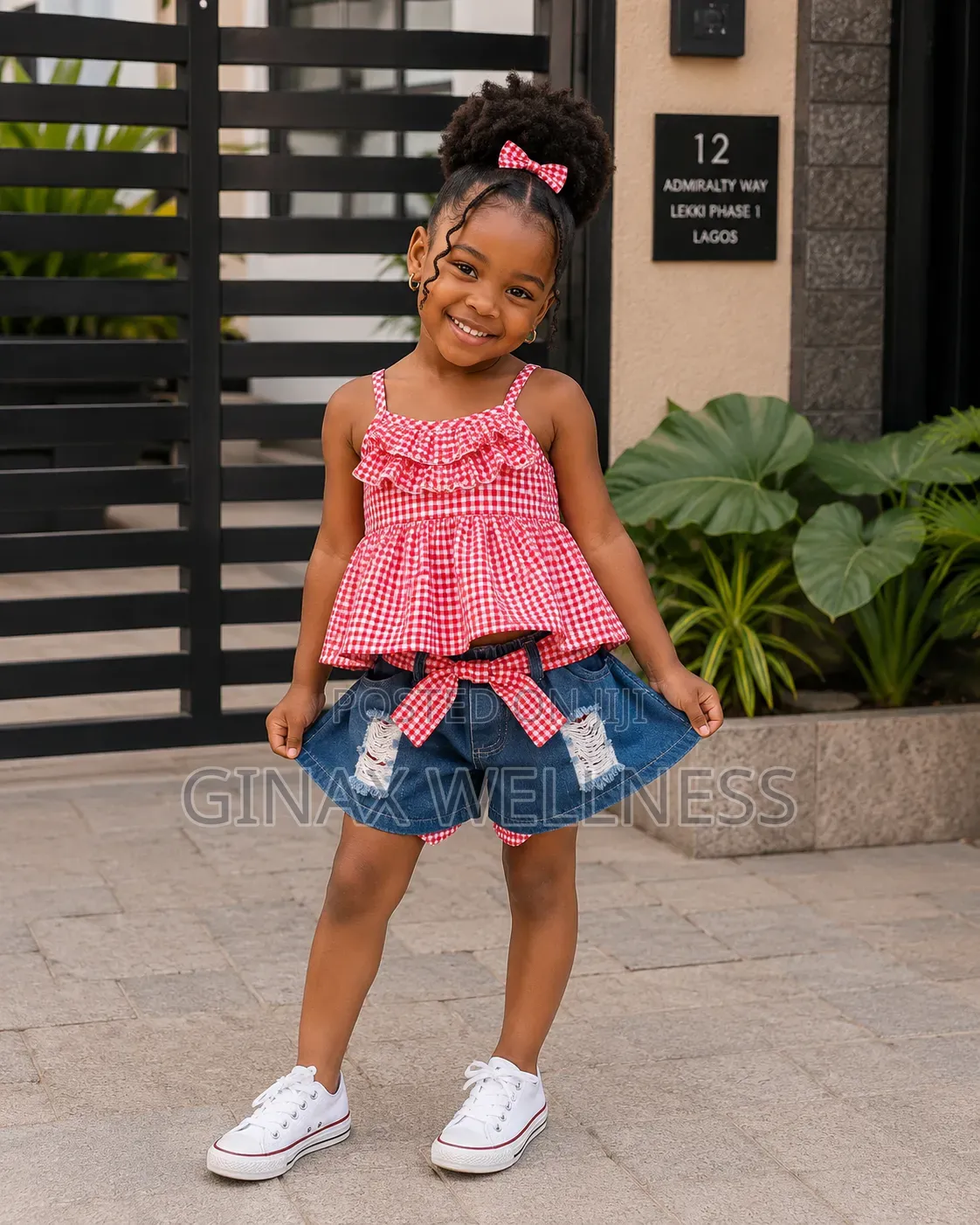 Red Check Tank Top With Ripped Jeans Shorts Set for Girls (4-7 Years)
