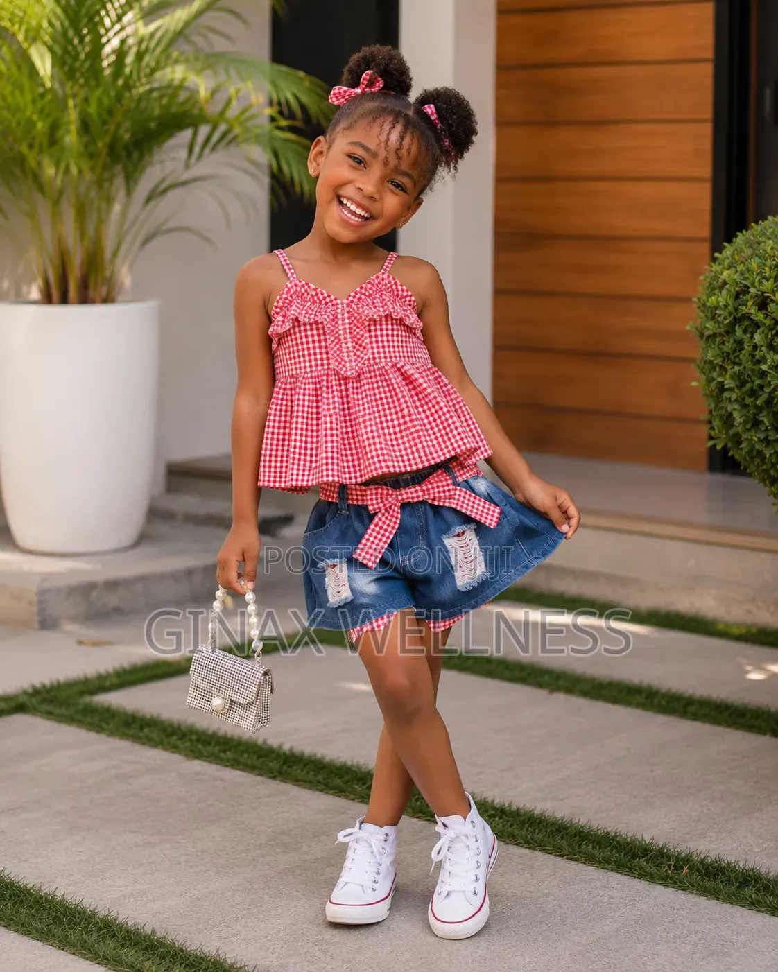 Red Check Tank Top With Ripped Jeans Shorts Set for Girls (4-7 Years)