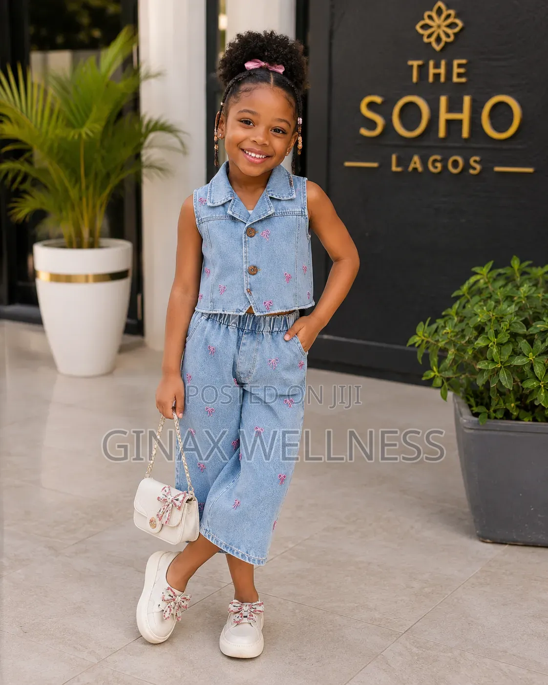 Floral Print Jeans Sleeveless Vest and Wide-Leg Trousers Set for Girls