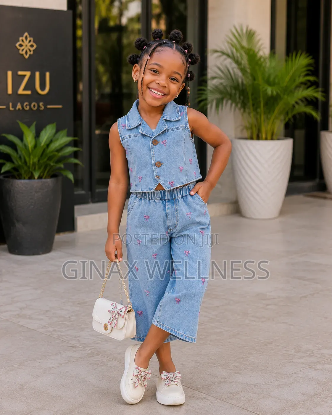 Floral Print Jeans Sleeveless Vest and Wide-Leg Trousers Set for Girls