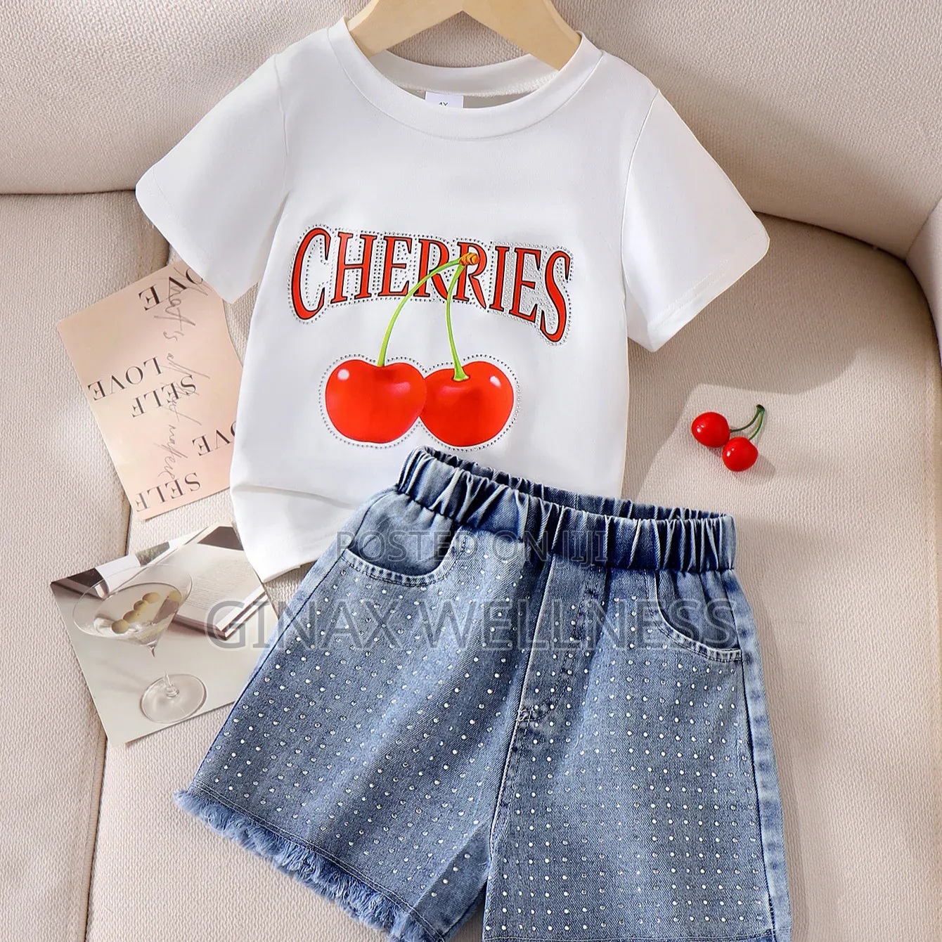 Sweet Cherry T-Shirt and Rhinestone-Studded Jeans Shorts Set for Girls