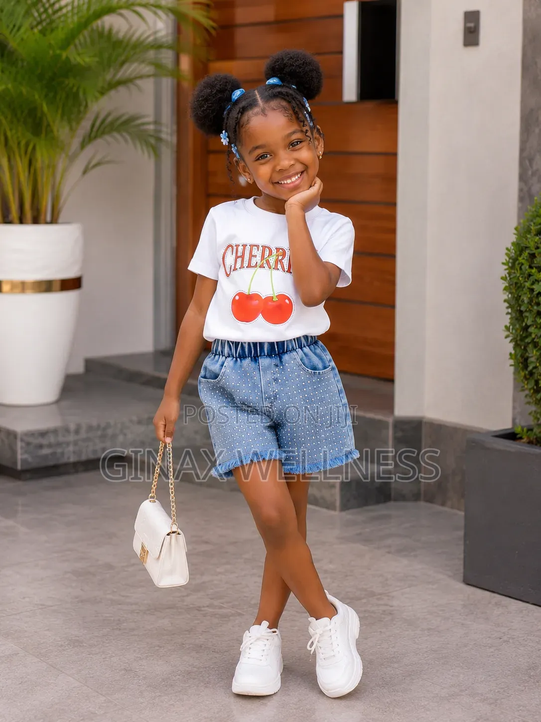 Sweet Cherry T-Shirt and Rhinestone-Studded Jeans Shorts Set for Girls
