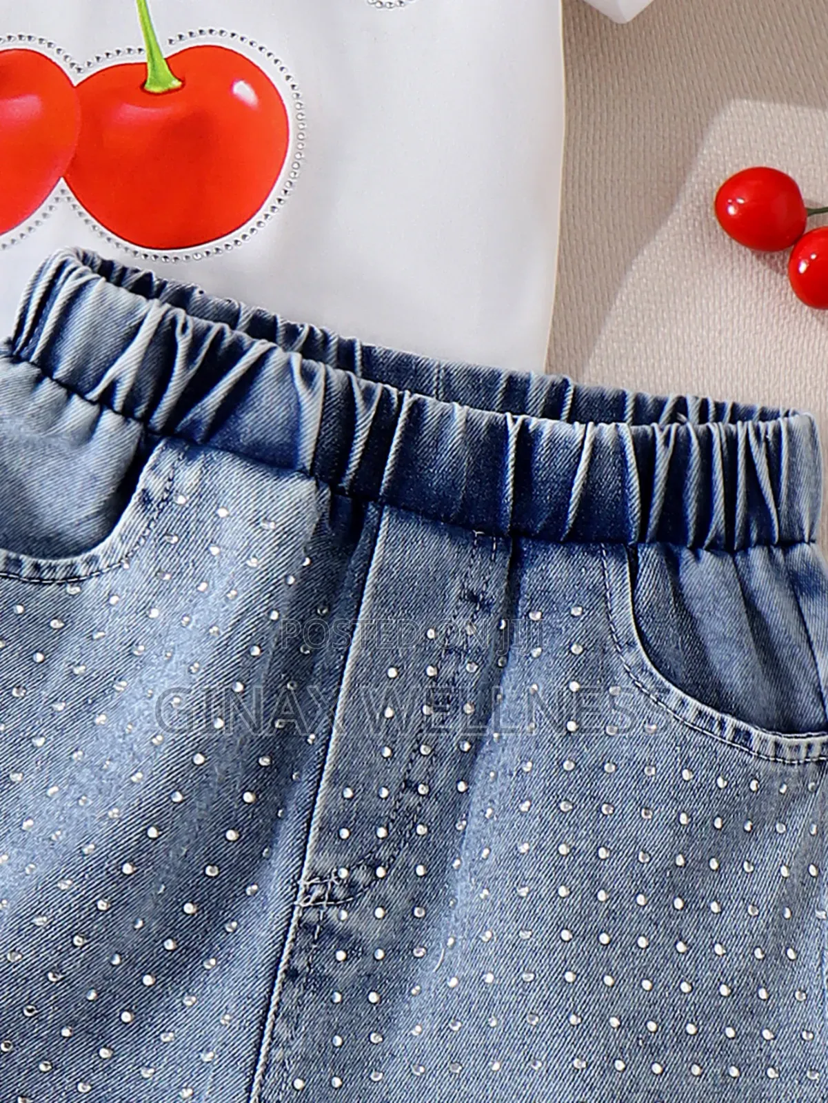 Sweet Cherry T-Shirt and Rhinestone-Studded Jeans Shorts Set for Girls