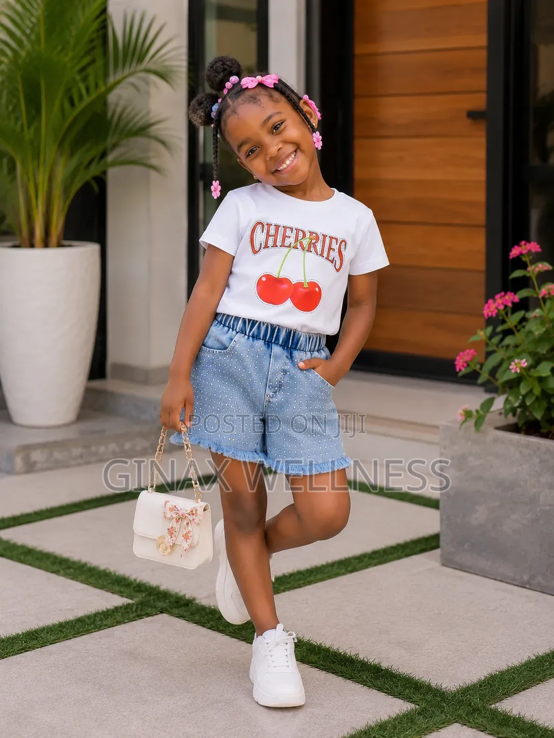 Sweet Cherry T-Shirt and Rhinestone-Studded Jeans Shorts Set for Girls