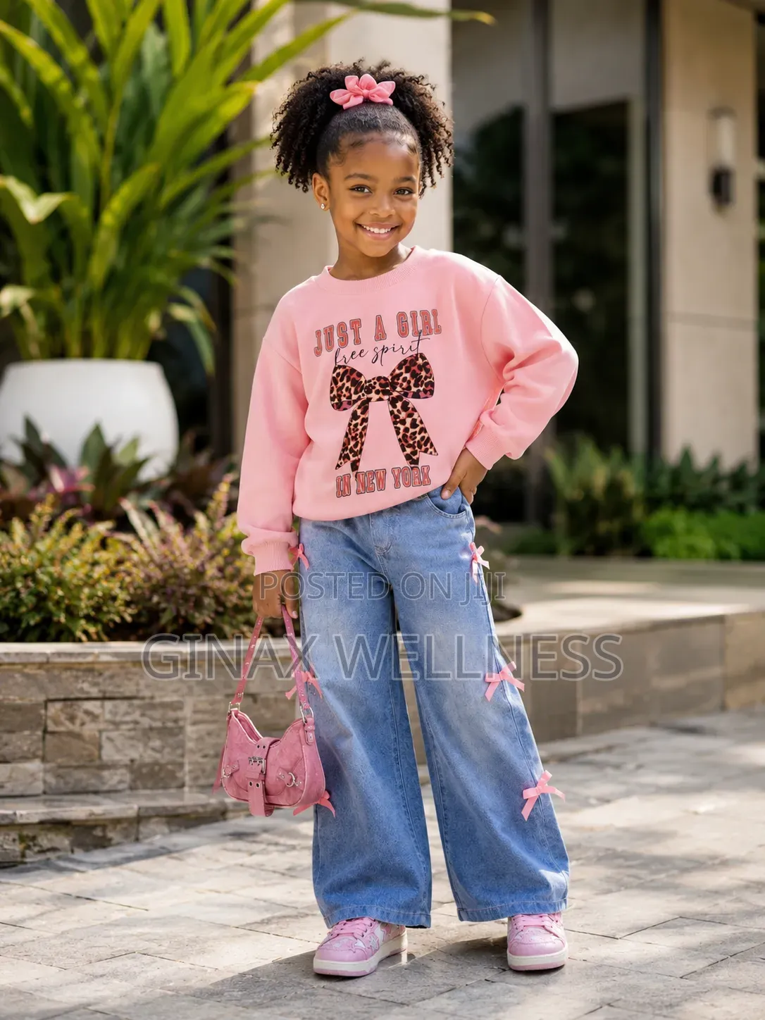 Pink Long-Sleeved Sweatshirt With Flare Jeans Set for Girls
