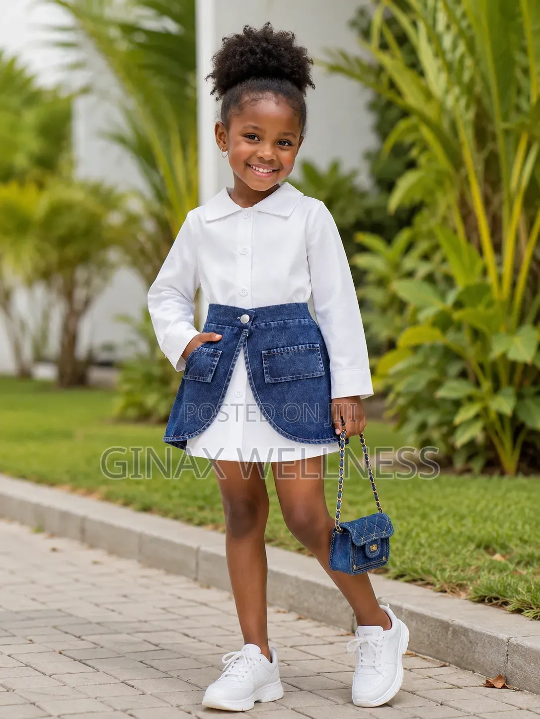 White Long-Sleeved Vintage Shirt With Jeans Skirt Set for Girls