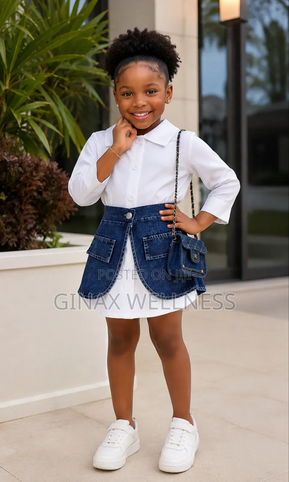 White Long-Sleeved Vintage Shirt With Jeans Skirt Set for Girls