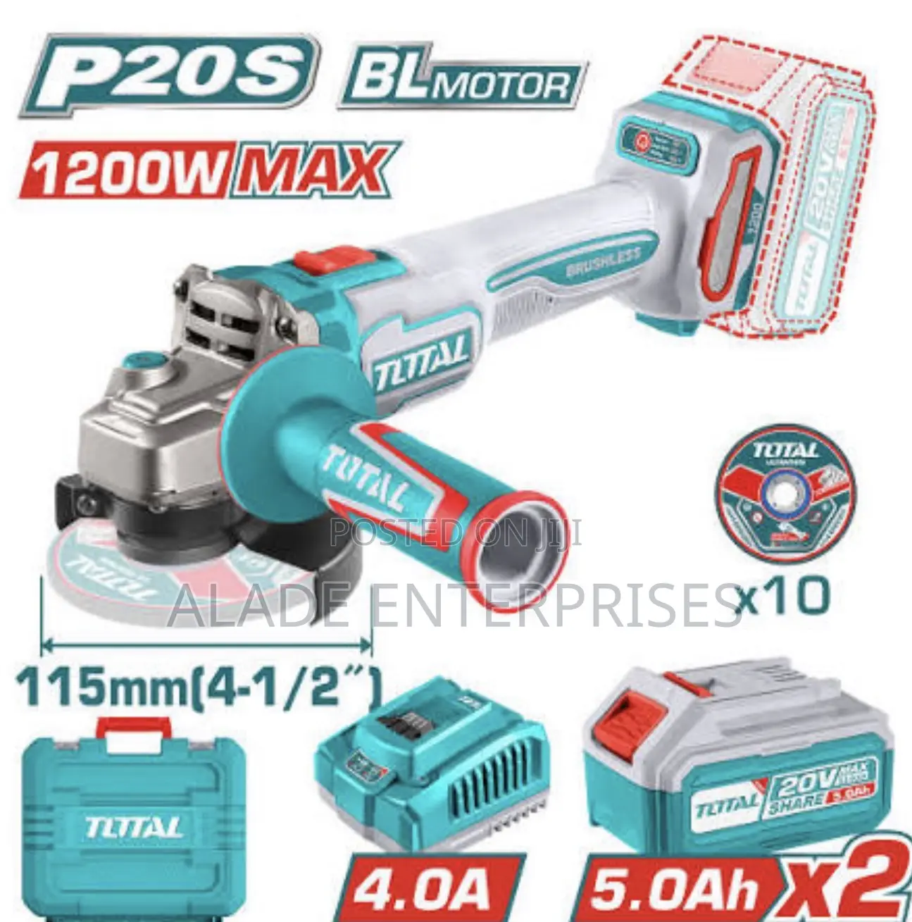 Total Tools Angle Grinder 4.5" 20v Brushless Cordless With 2 Batteries