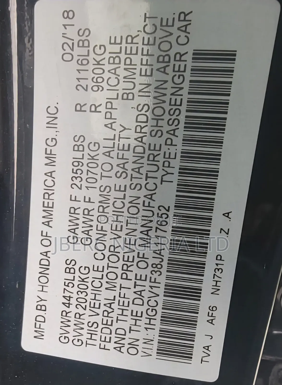 Honda Accord 2019 Black