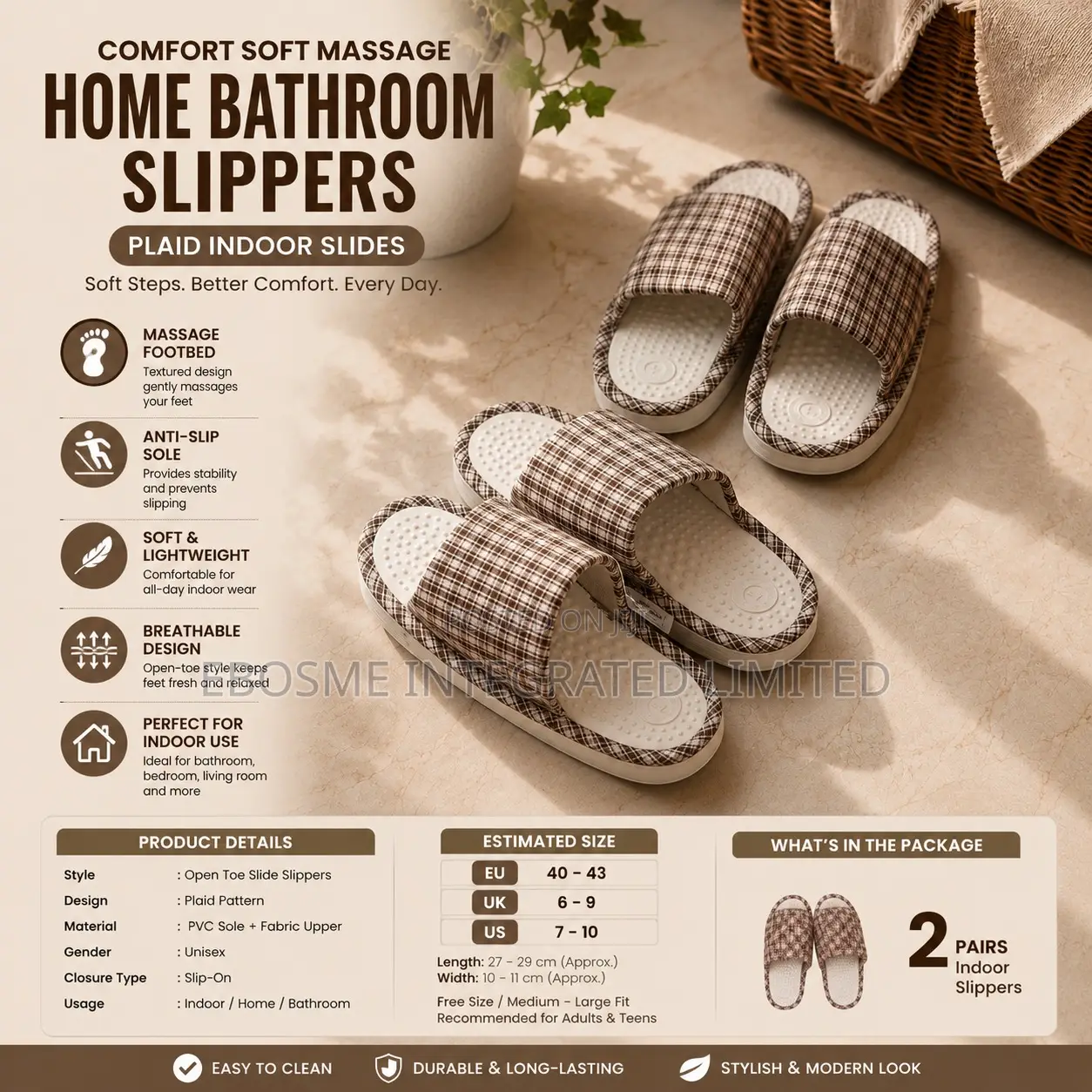 Plaid Indoor Couple Home Slippers (2 Pairs)