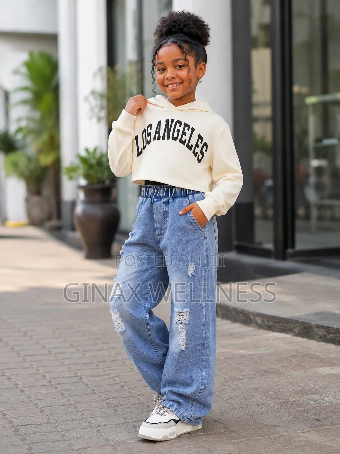Girls Long-Sleeved Hoodie With Black Tank Top and Ripped Jeans Set
