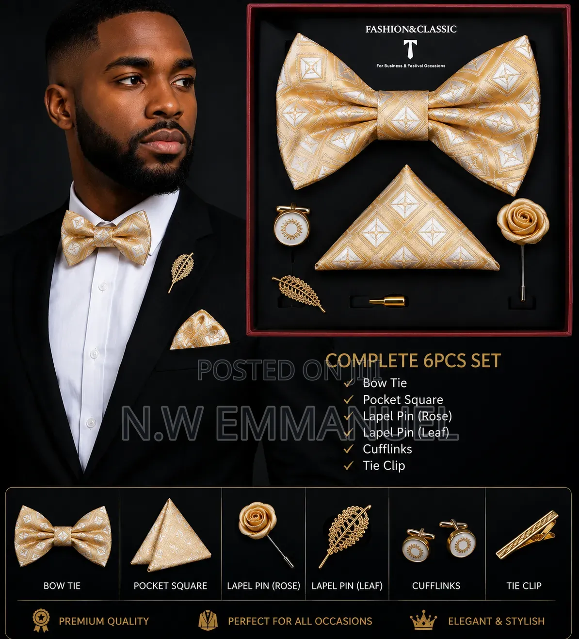 Luxury Gold Bow Tie Set – Cufflinks, Lapel Pins, Poc Square Tie Clip