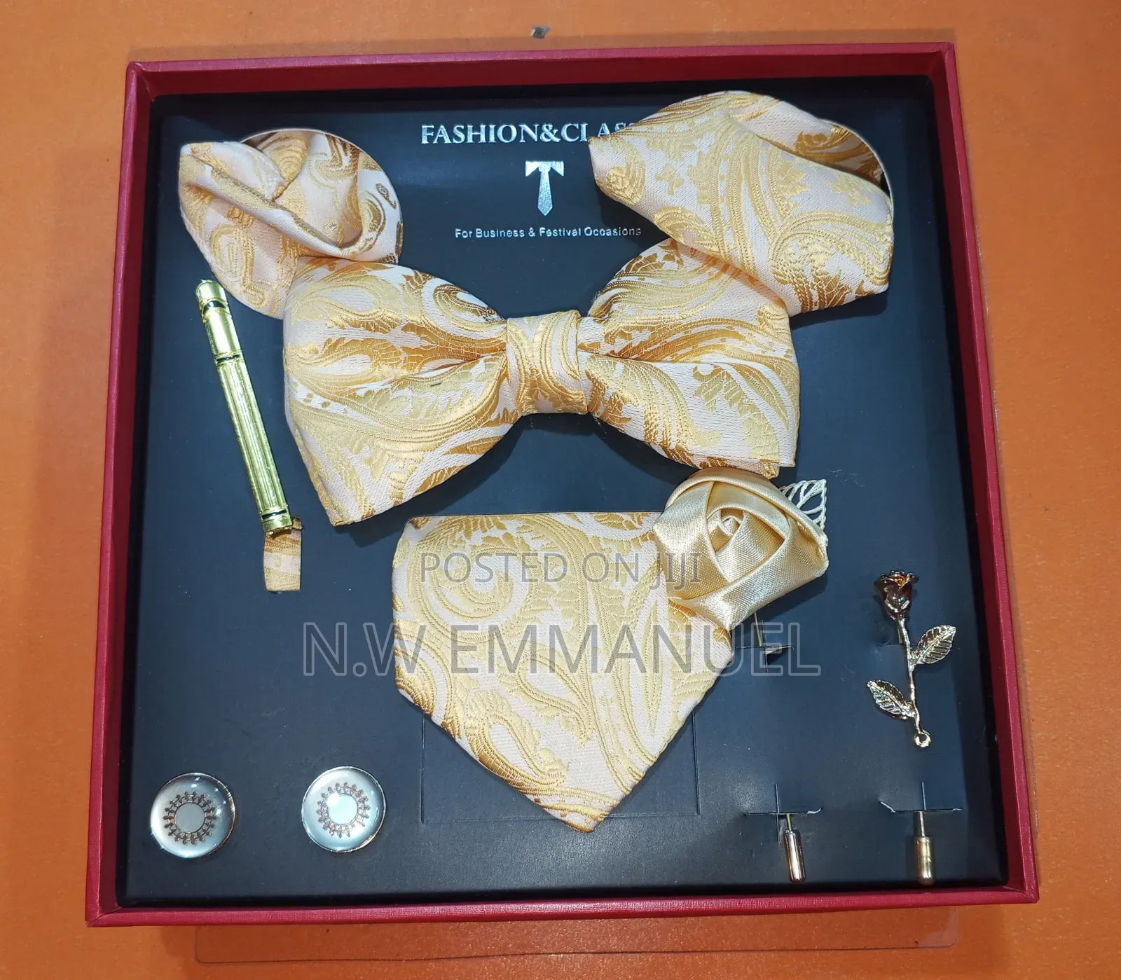 Luxury Gold Bow Tie Set – Cufflinks, Lapel Pins, Poc Square Tie Clip