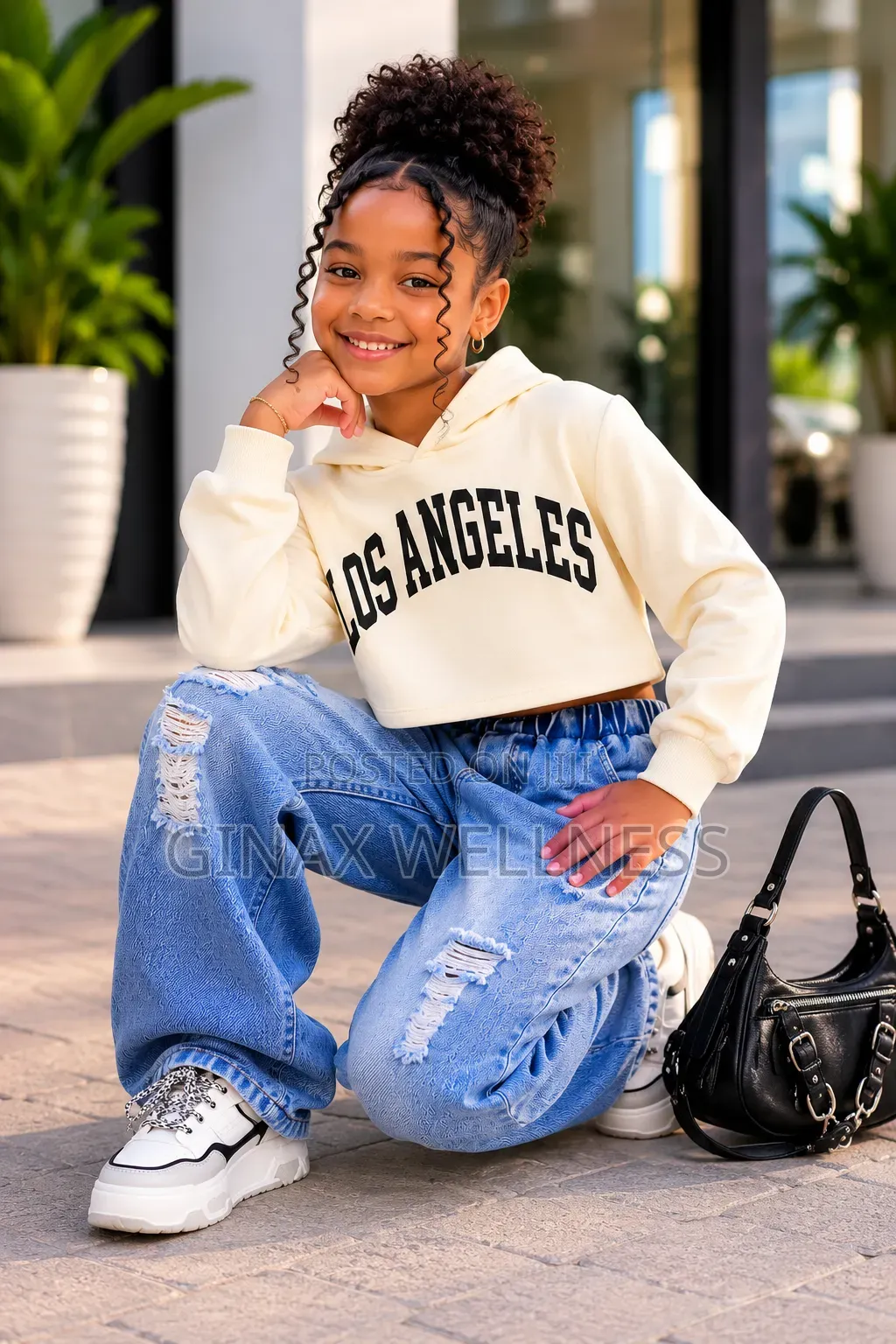 Girls Long-Sleeved Hoodie With Black Tank Top and Ripped Jeans Set