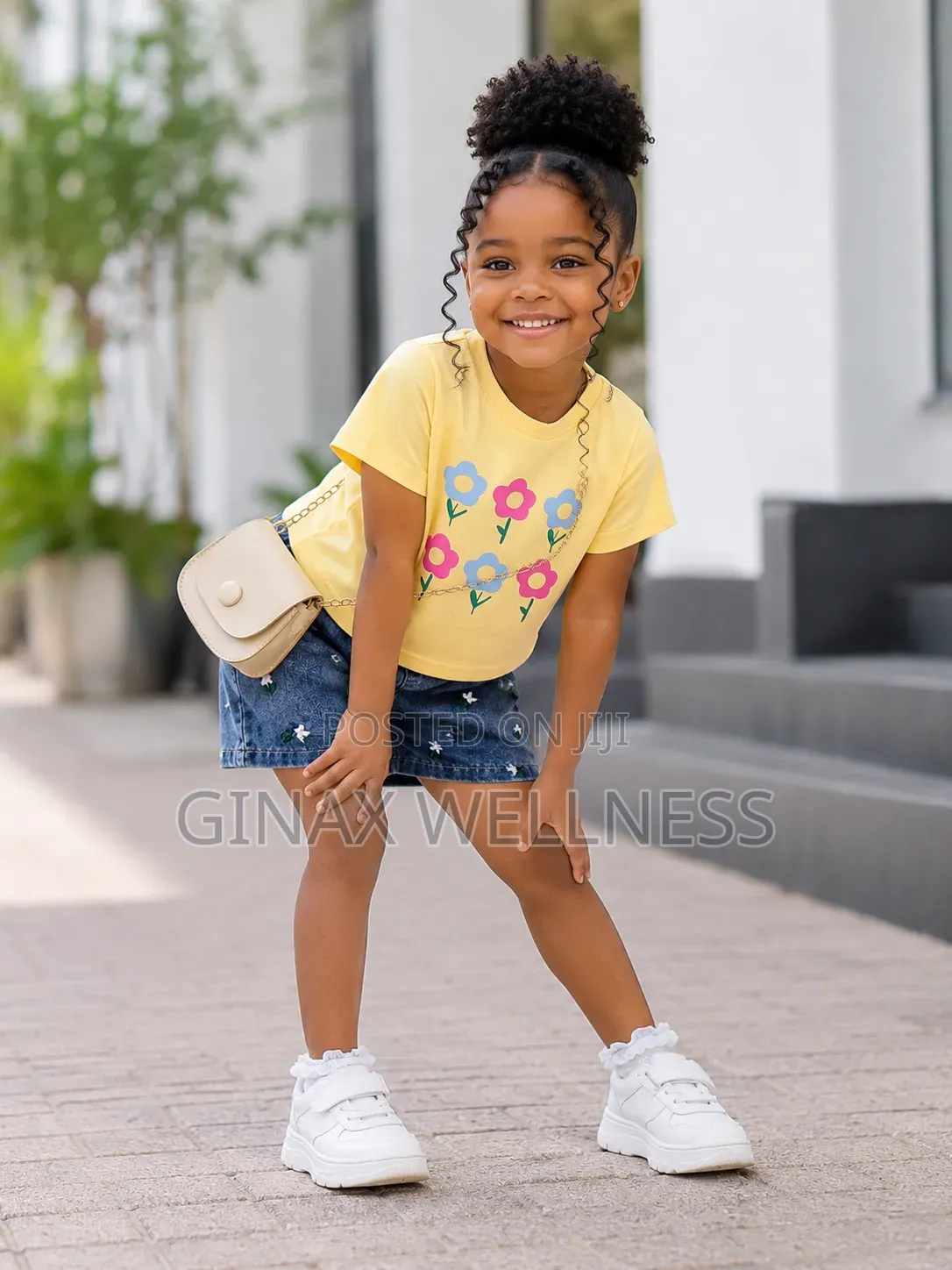 Yellow Short-Sleeved T-Shirt With Jeans Shorts Set for Girls