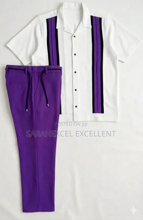 Premium Men's Nigerian Crafted 2piece Set Sharp Purple White Combo