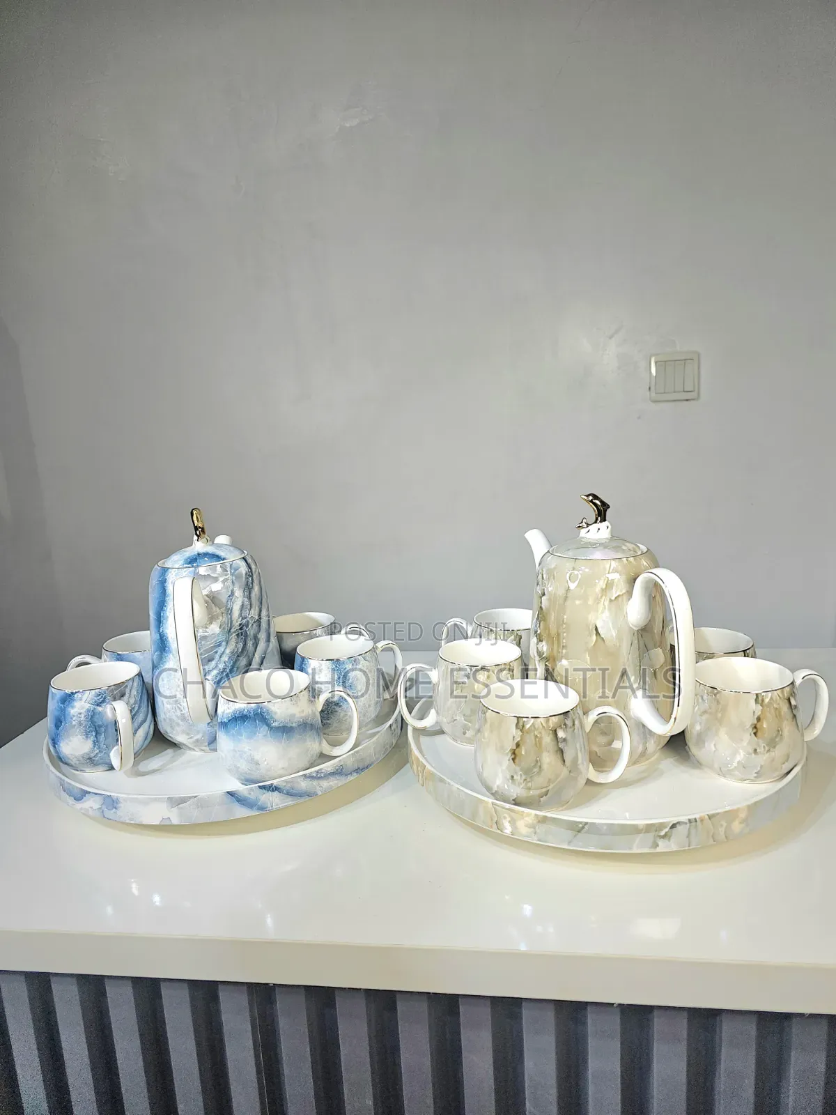 8-Piece Ceramic Porcelain Teapot and Cups Set With Revolving Tray