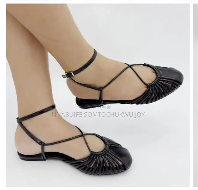 Chic Black Strappy Caged Flats - Elegant Ankle Strap Sandals