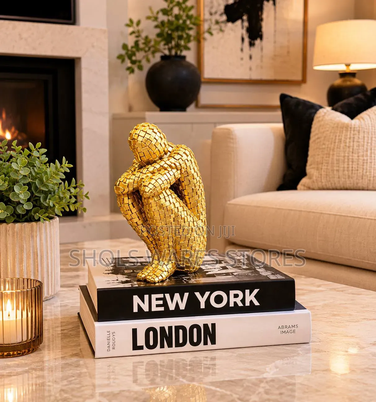 White and Gold Mosaic Thinker Statue