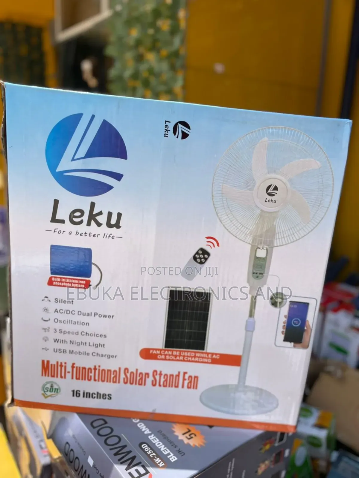 Big 16” Leku Standing Solar Rechargeable Fan With Bluetooth/Music