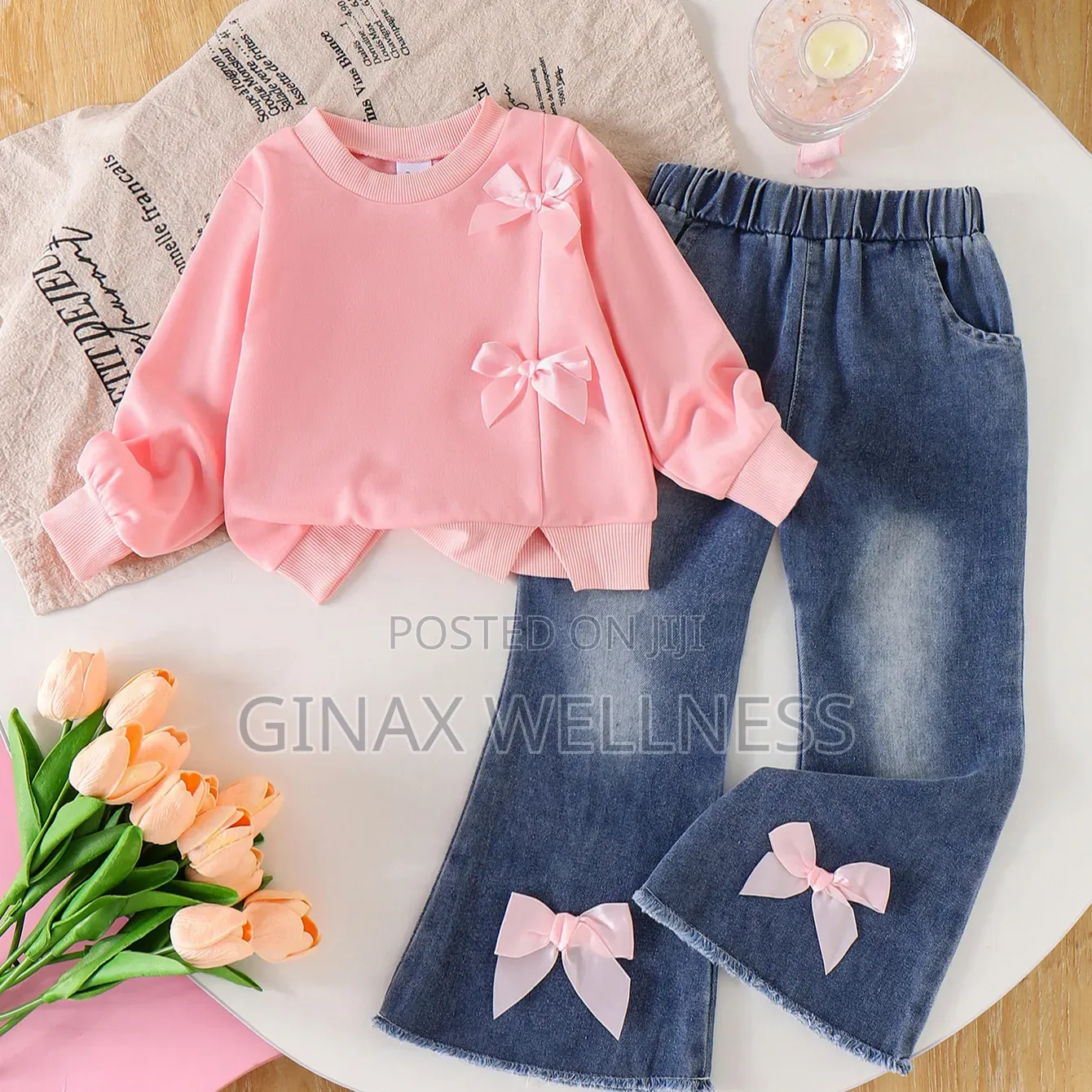 Pink Bow-Style Sweatshirt With Flare Jeans Trousers Set for Girls
