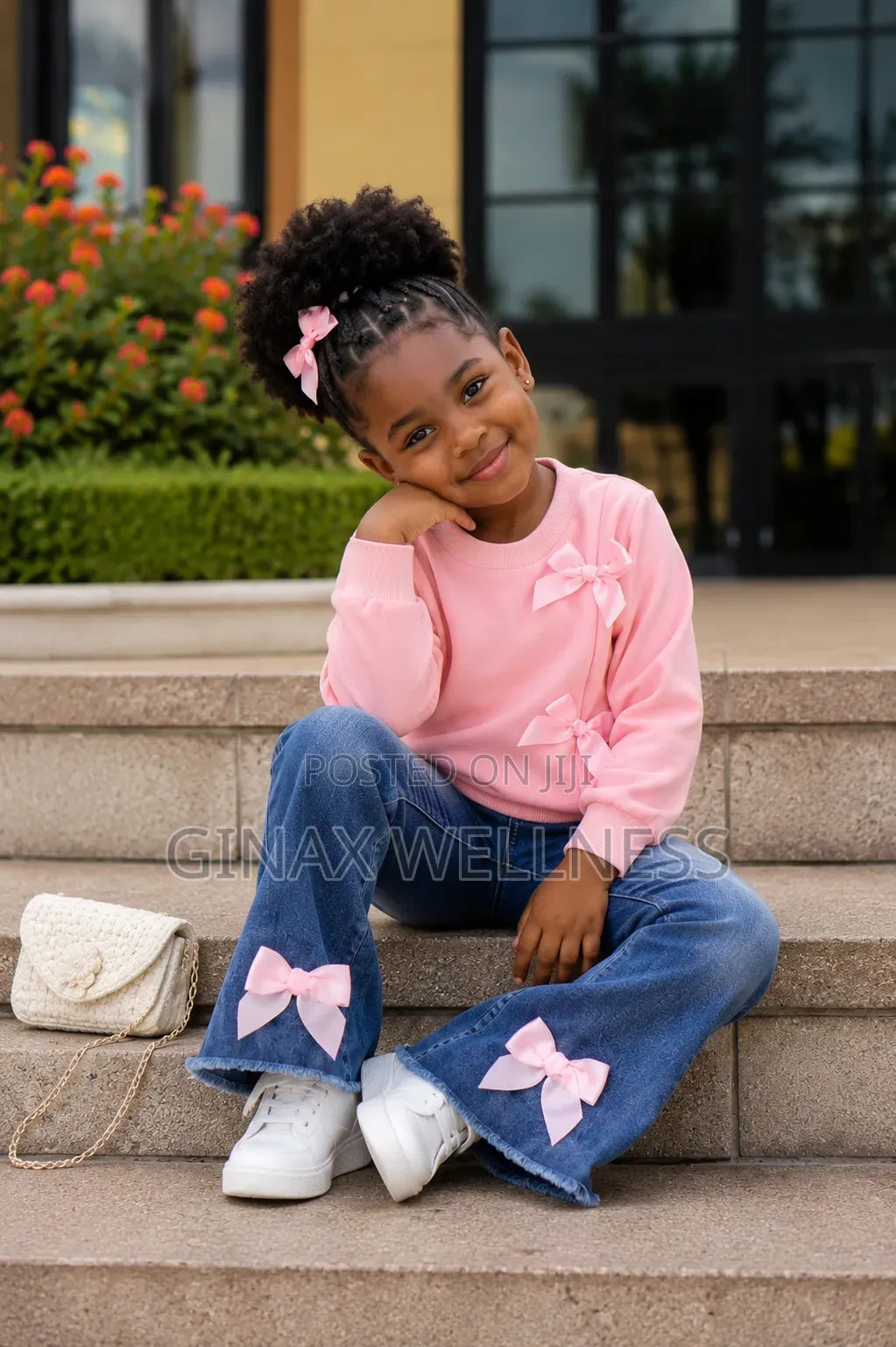 Pink Bow-Style Sweatshirt With Flare Jeans Trousers Set for Girls