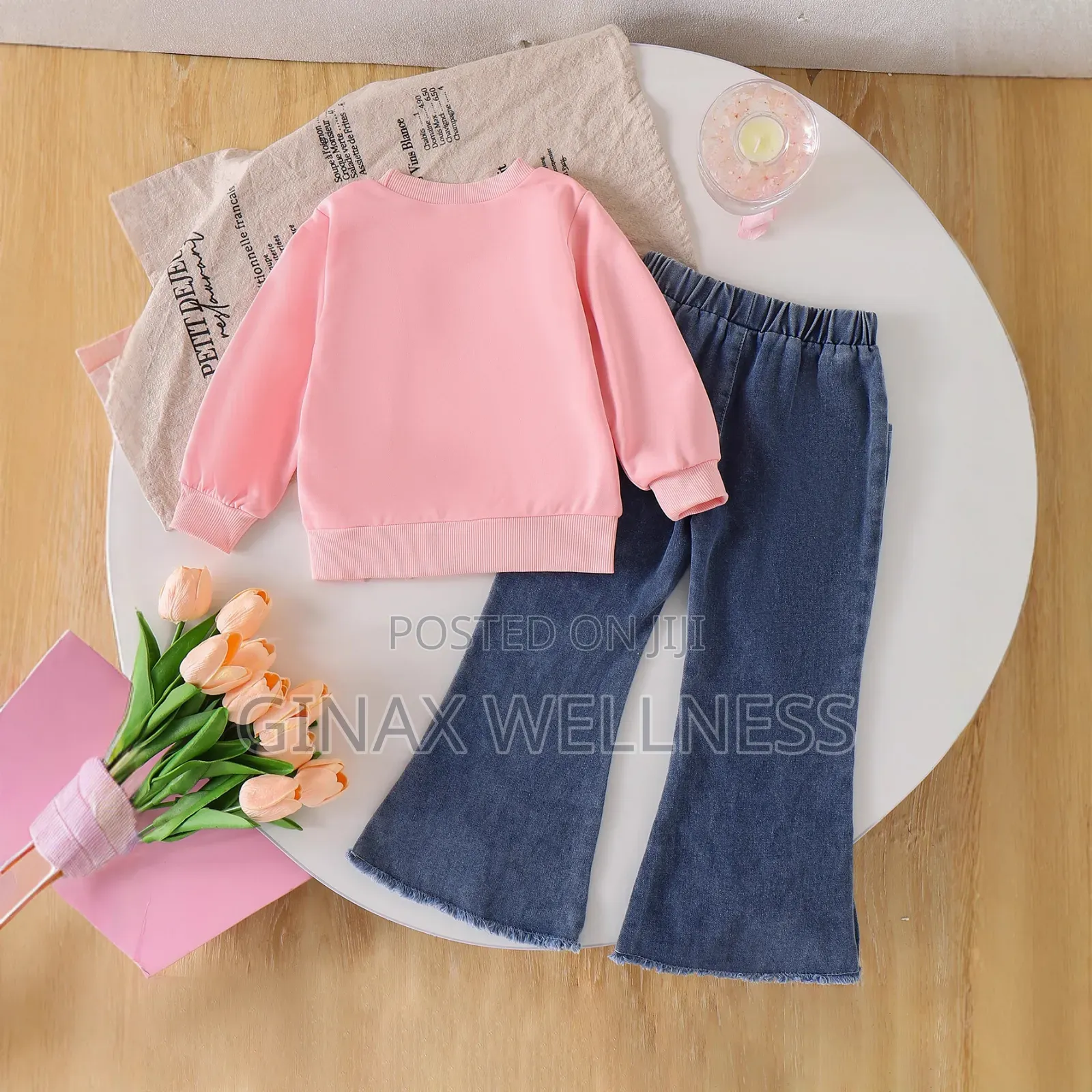 Pink Bow-Style Sweatshirt With Flare Jeans Trousers Set for Girls