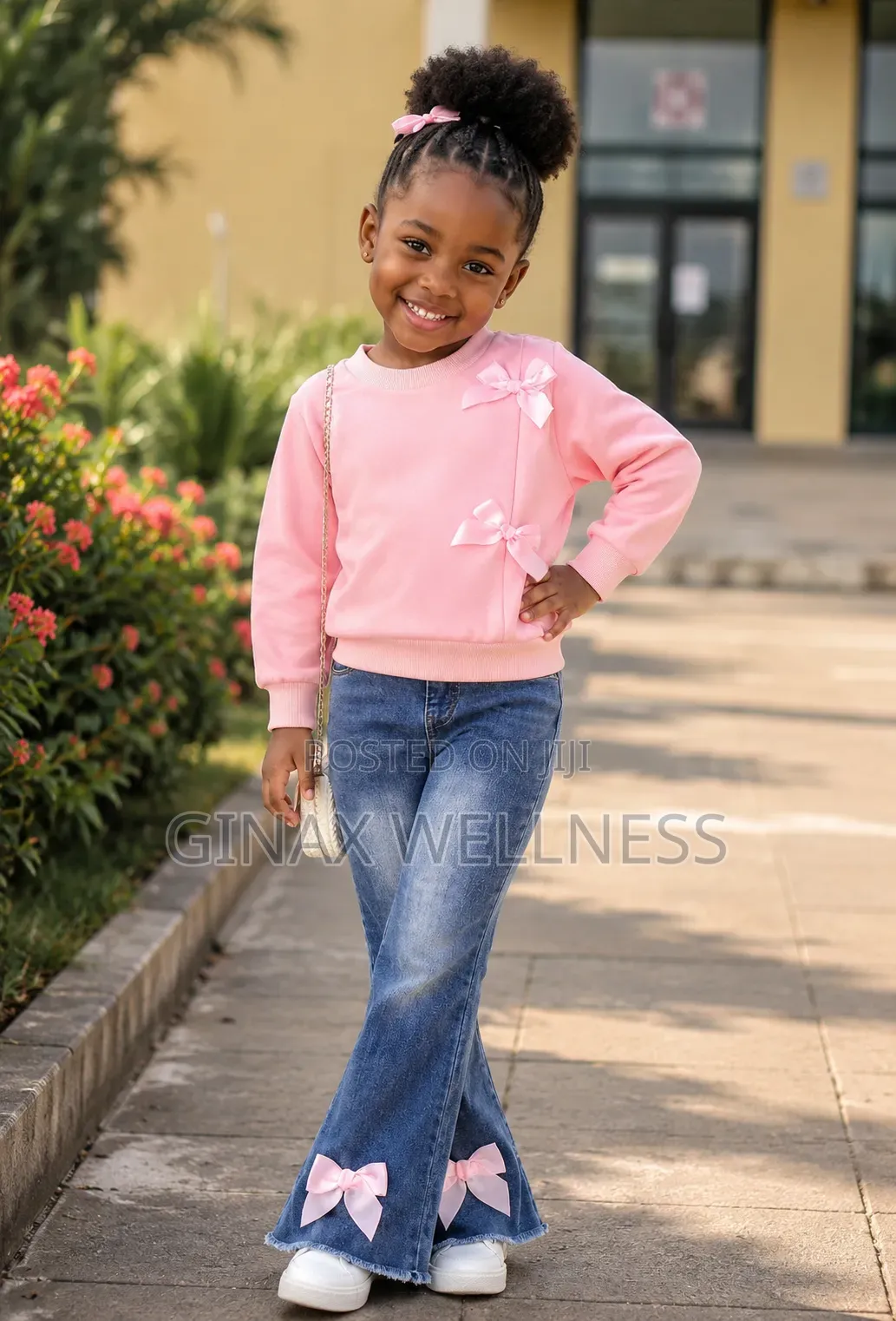 Pink Bow-Style Sweatshirt With Flare Jeans Trousers Set for Girls