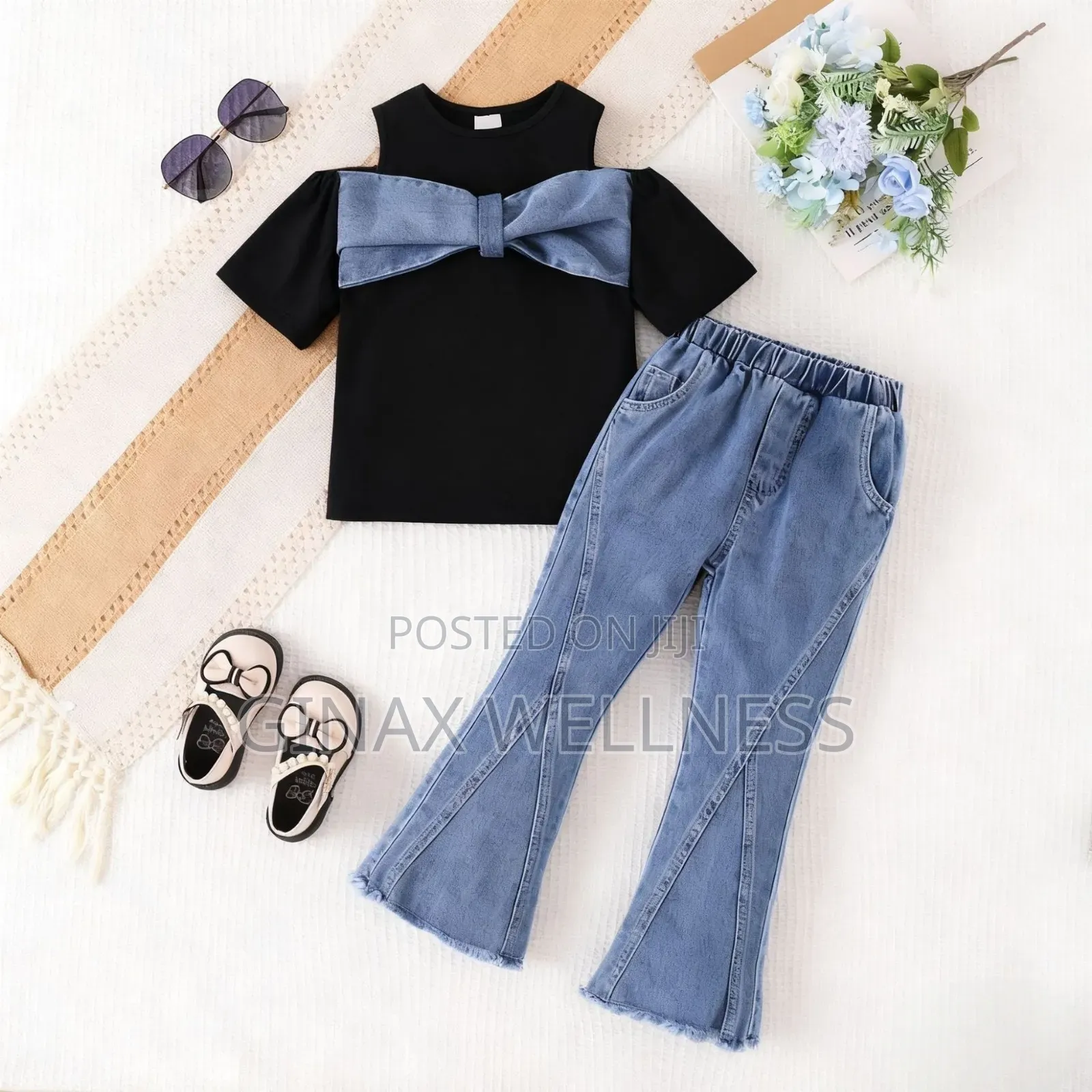 Cold-Shoulder Bow Top and Flare Jean Trouser Set for Girls