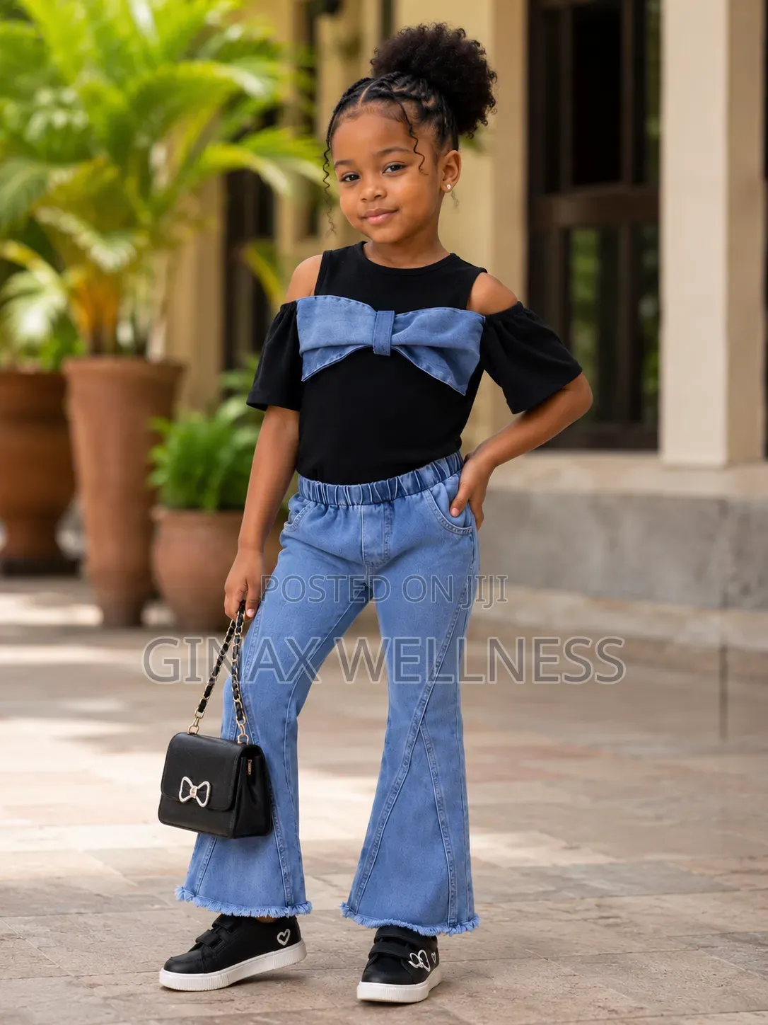 Cold-Shoulder Bow Top and Flare Jean Trouser Set for Girls