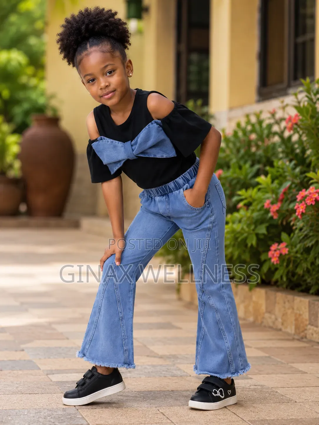 Cold-Shoulder Bow Top and Flare Jean Trouser Set for Girls