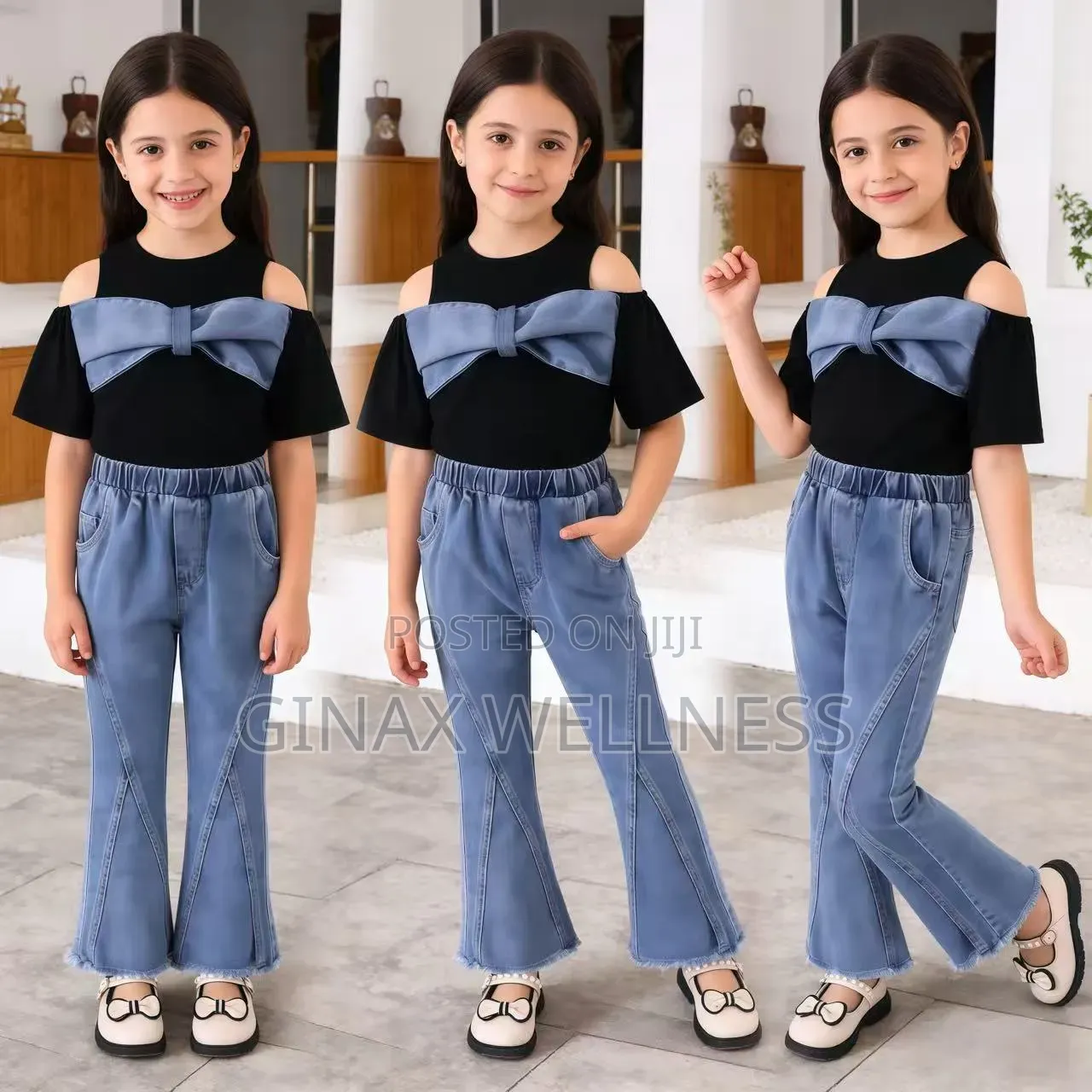 Cold-Shoulder Bow Top and Flare Jean Trouser Set for Girls