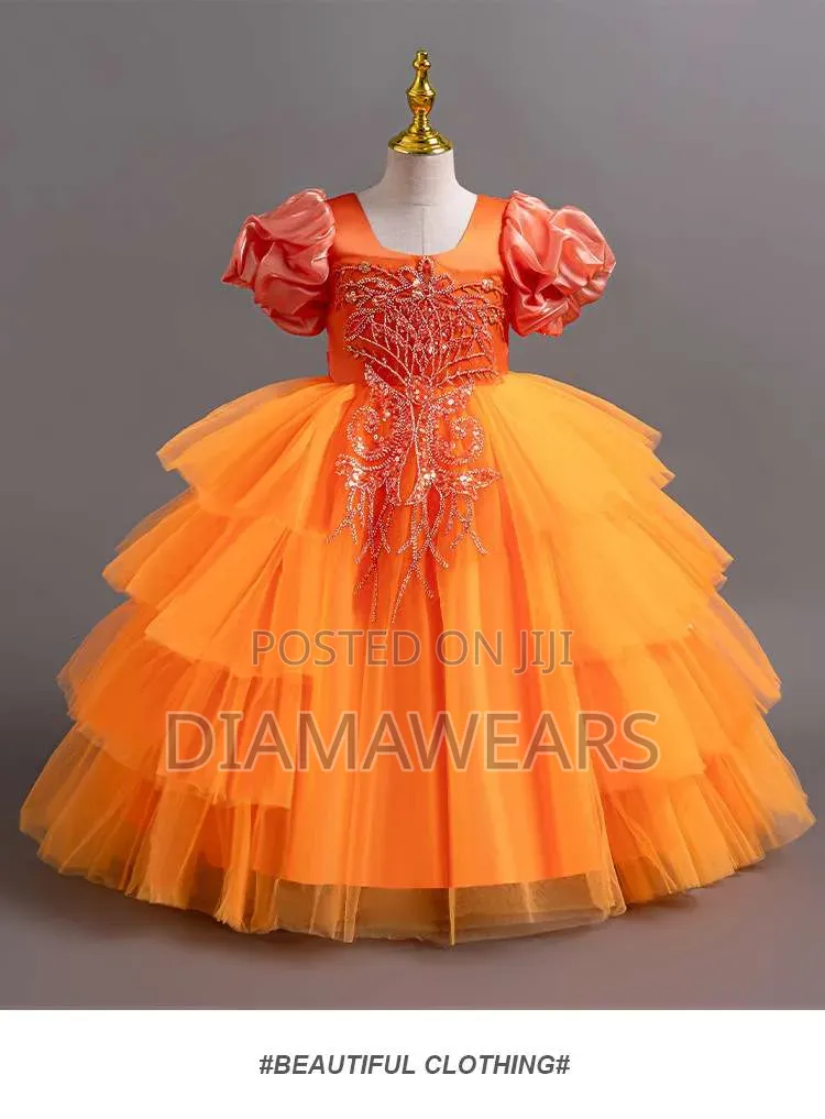 Orange Ceremonial Girls Fluffy Ball Gown