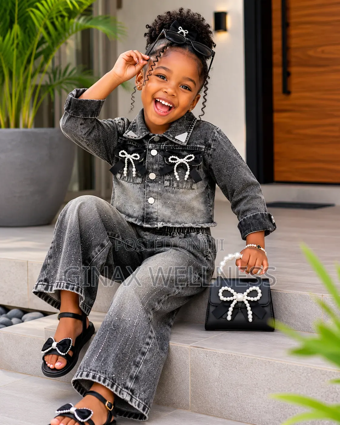 Black Jeans Set With Jacket and Wide-Leg Trousers for Girls (6,7years)