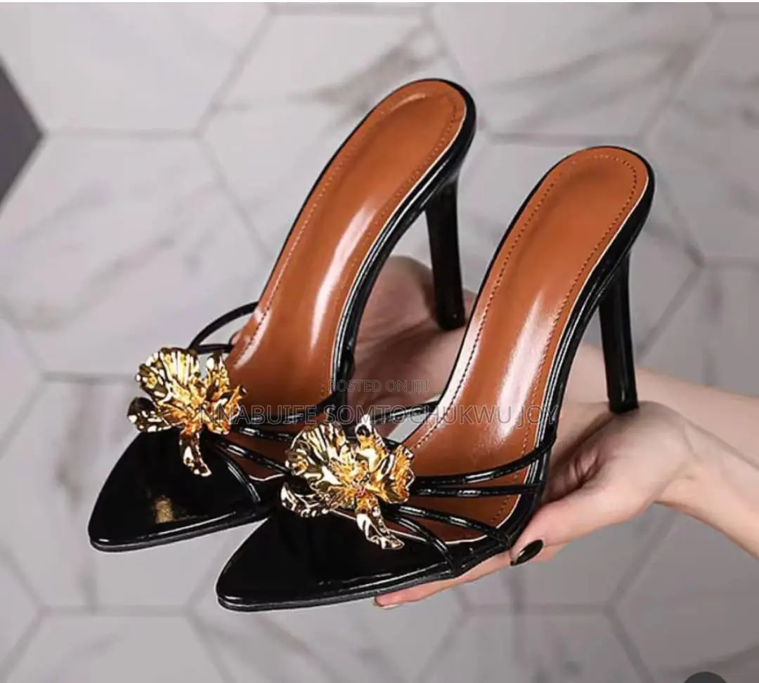 Luxury Metallic Gold Floral Stiletto Mules- Elegant Pointed Toe Sandal