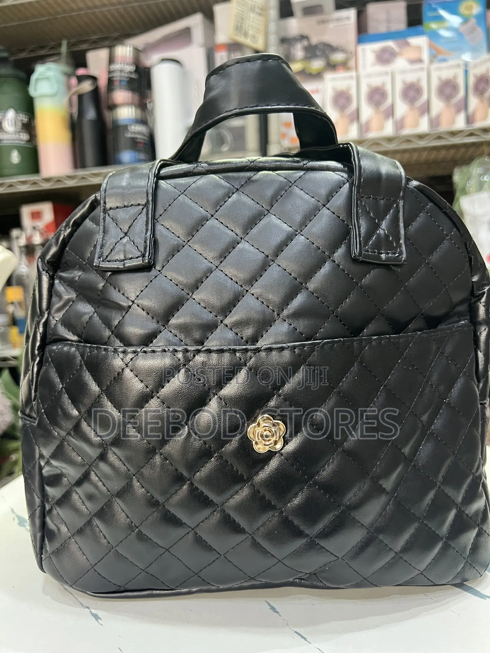 Quilted Black Pu Leather Lunch Bag