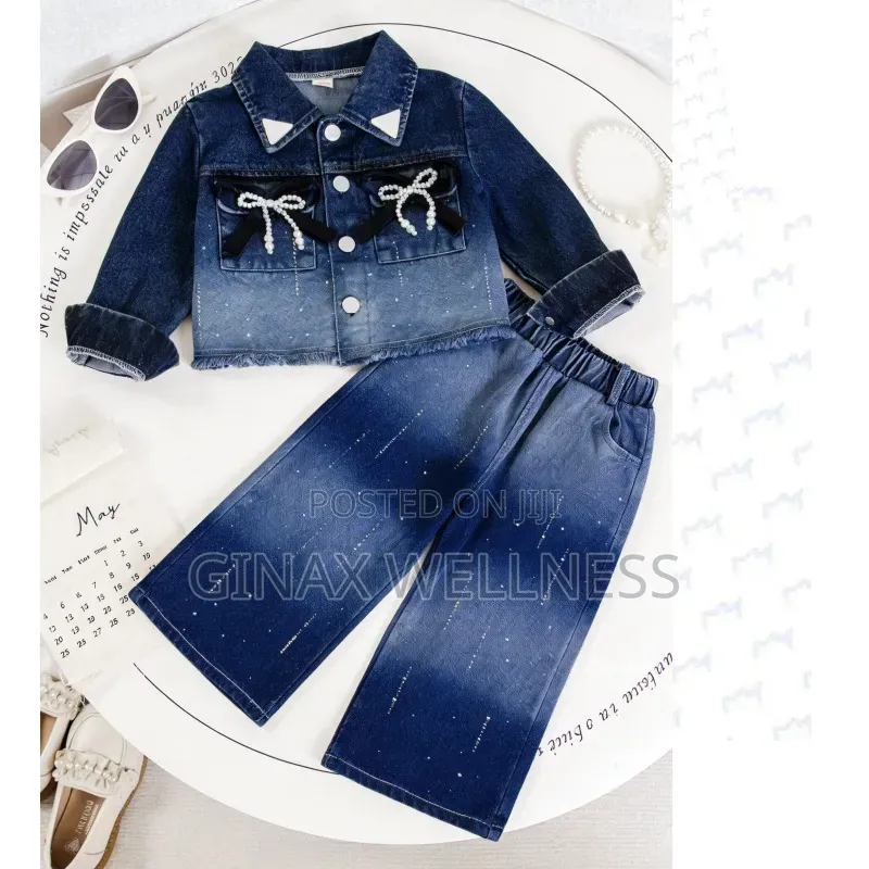 2-Piece Jeans Outfit Set With Pearl Bow Jacket and Wide-Leg Trousers