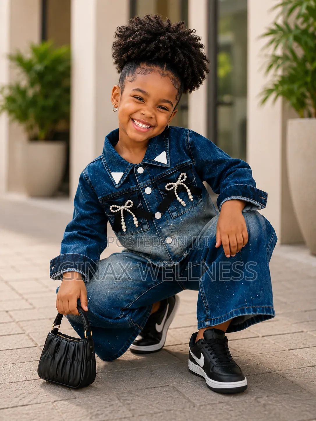 2-Piece Jeans Outfit Set With Pearl Bow Jacket and Wide-Leg Trousers