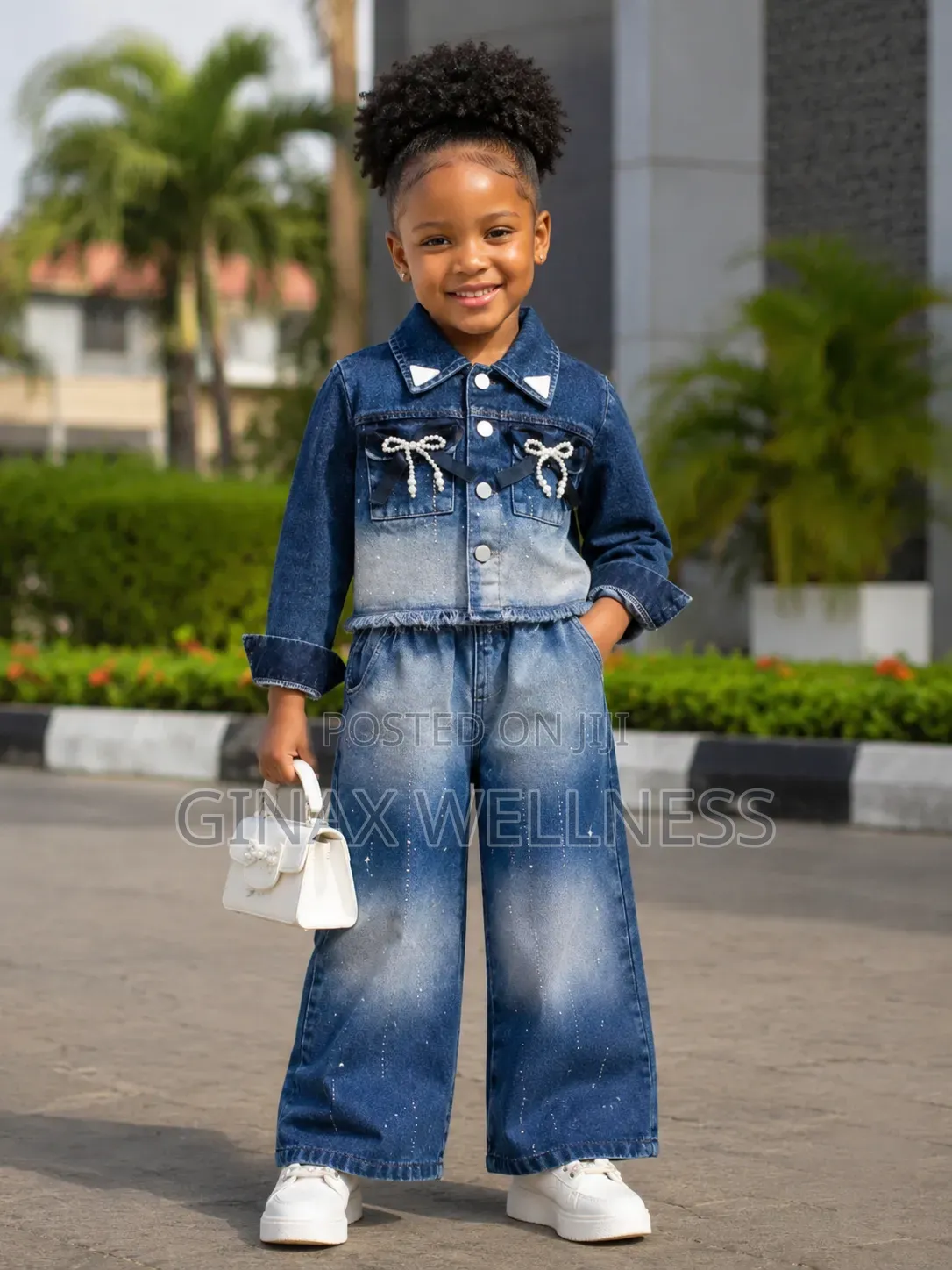 2-Piece Jeans Outfit Set With Pearl Bow Jacket and Wide-Leg Trousers