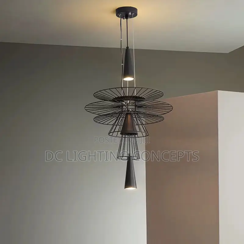 Modern Antique Black Metal Shade Led Pendant Chandelier.