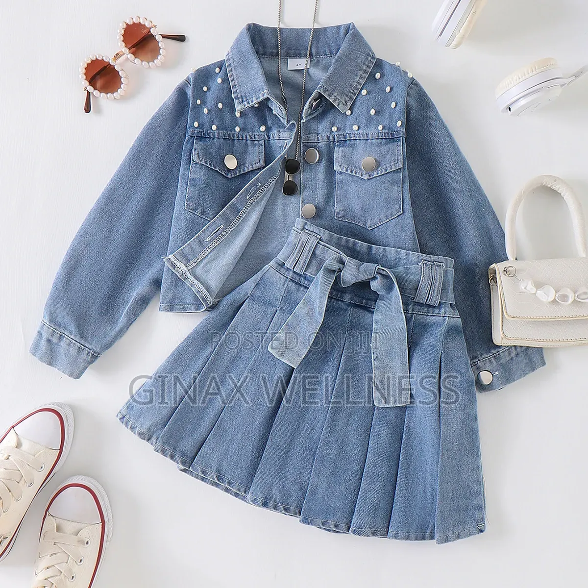 Jeans Outfit Set With Pearl Jacket, Pleated Skirt and Waist Belt