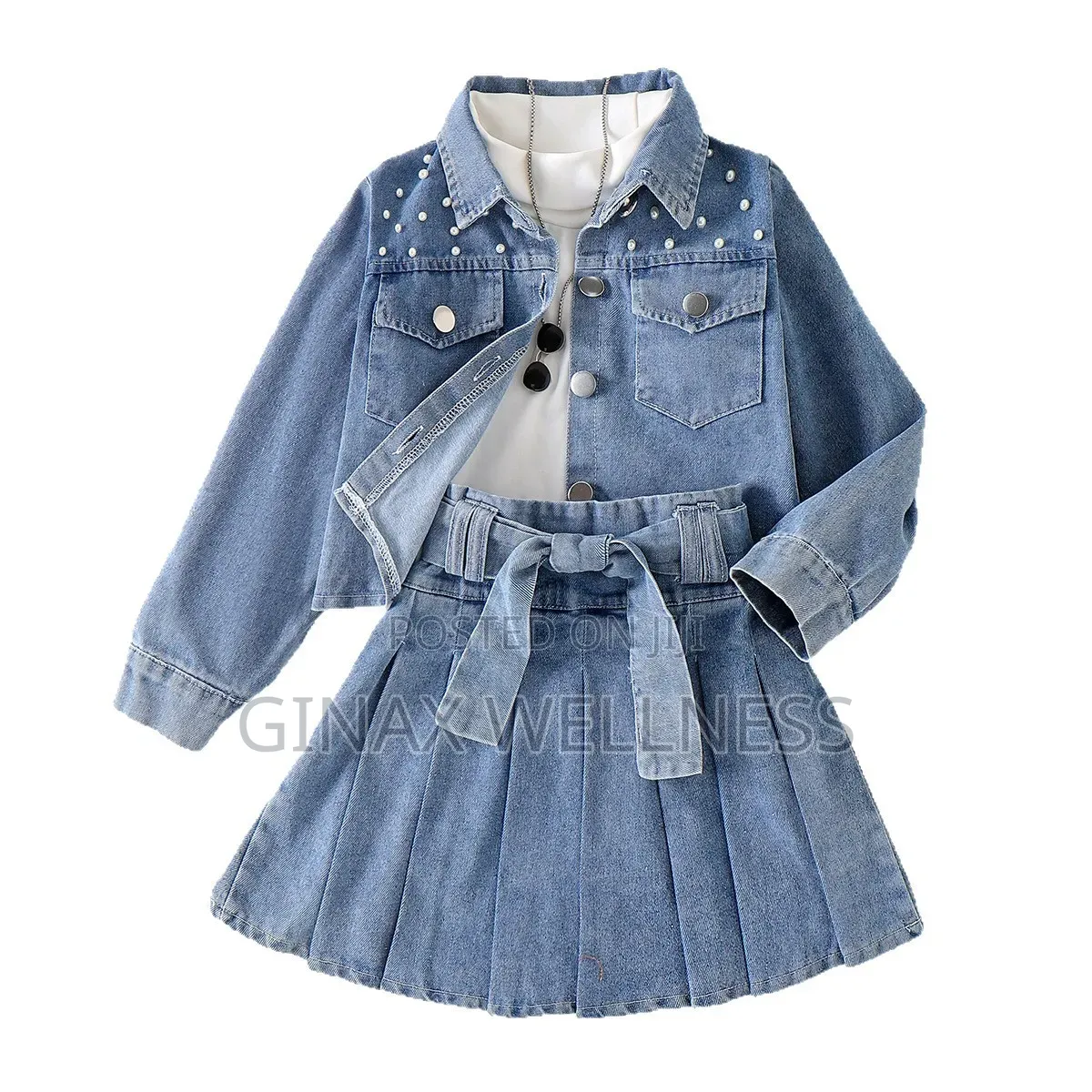 Jeans Outfit Set With Pearl Jacket, Pleated Skirt and Waist Belt