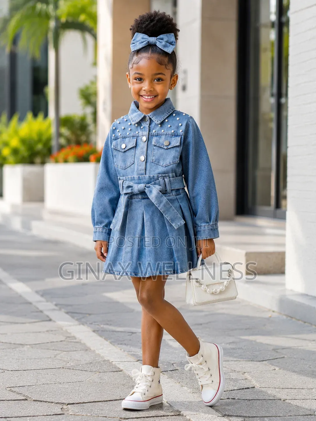 Jeans Outfit Set With Pearl Jacket, Pleated Skirt and Waist Belt