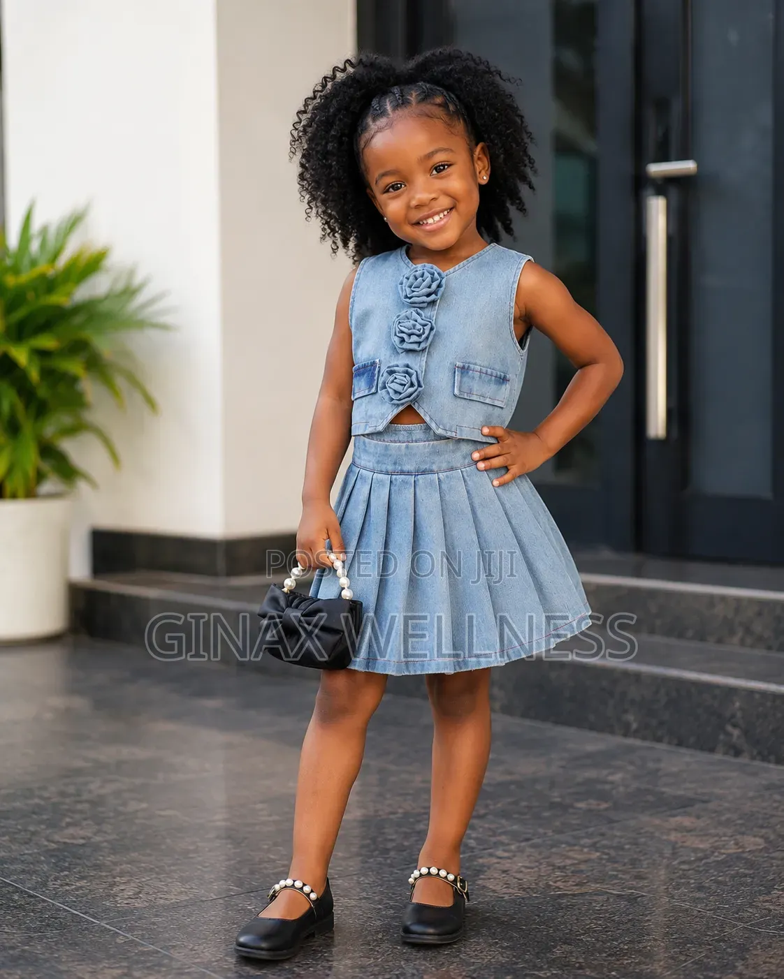 2-Piece Jeans Set With Sleeveless Rose Top and Pleated Skirt for Girls