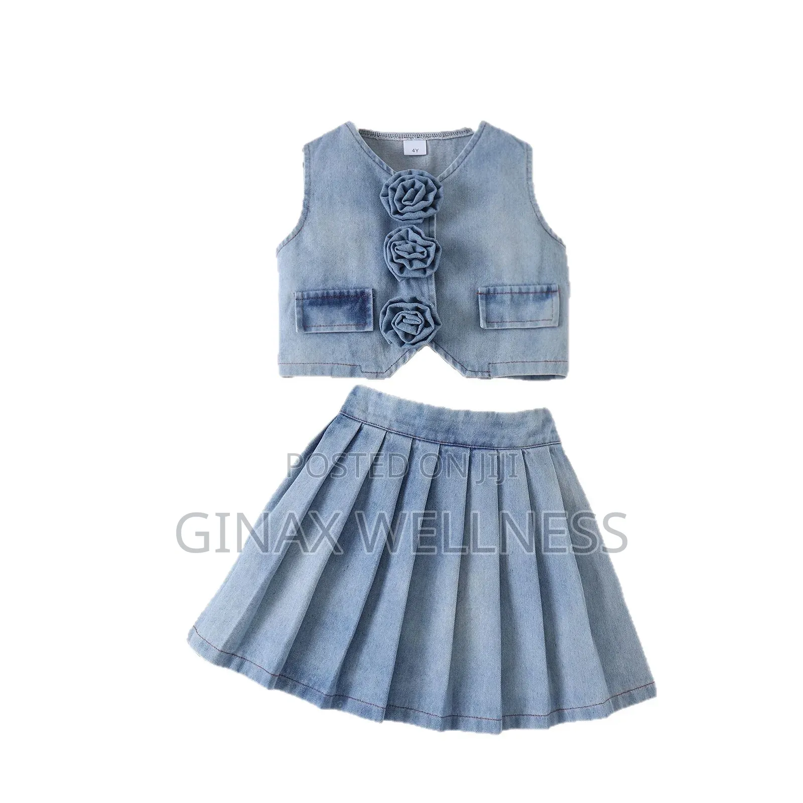 2-Piece Jeans Set With Sleeveless Rose Top and Pleated Skirt for Girls