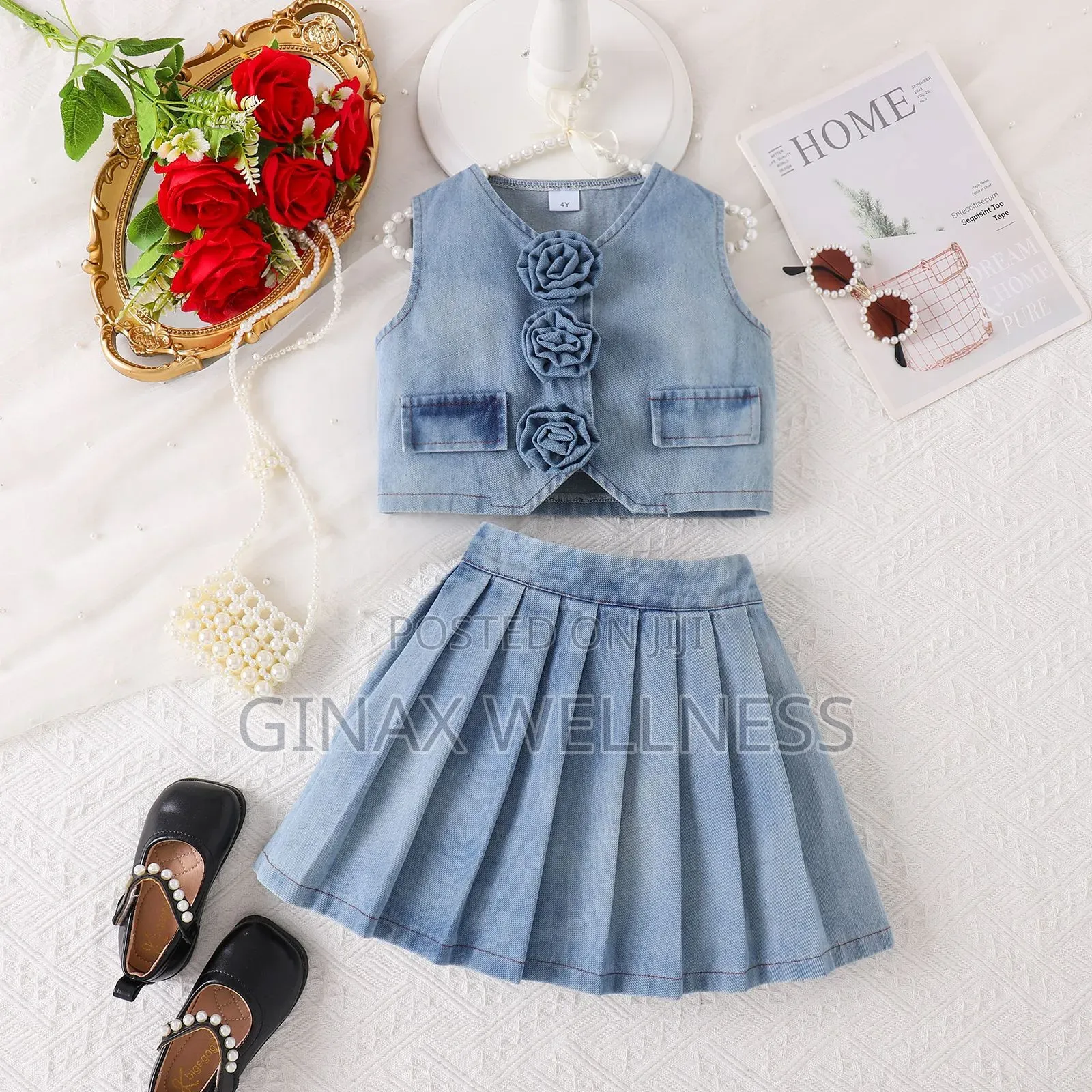2-Piece Jeans Set With Sleeveless Rose Top and Pleated Skirt for Girls