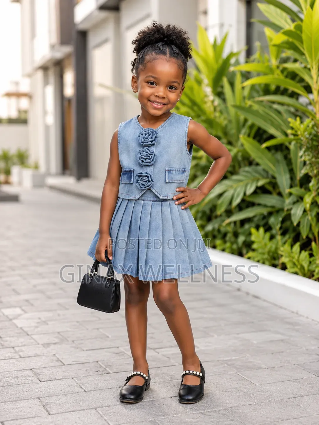 2-Piece Jeans Set With Sleeveless Rose Top and Pleated Skirt for Girls