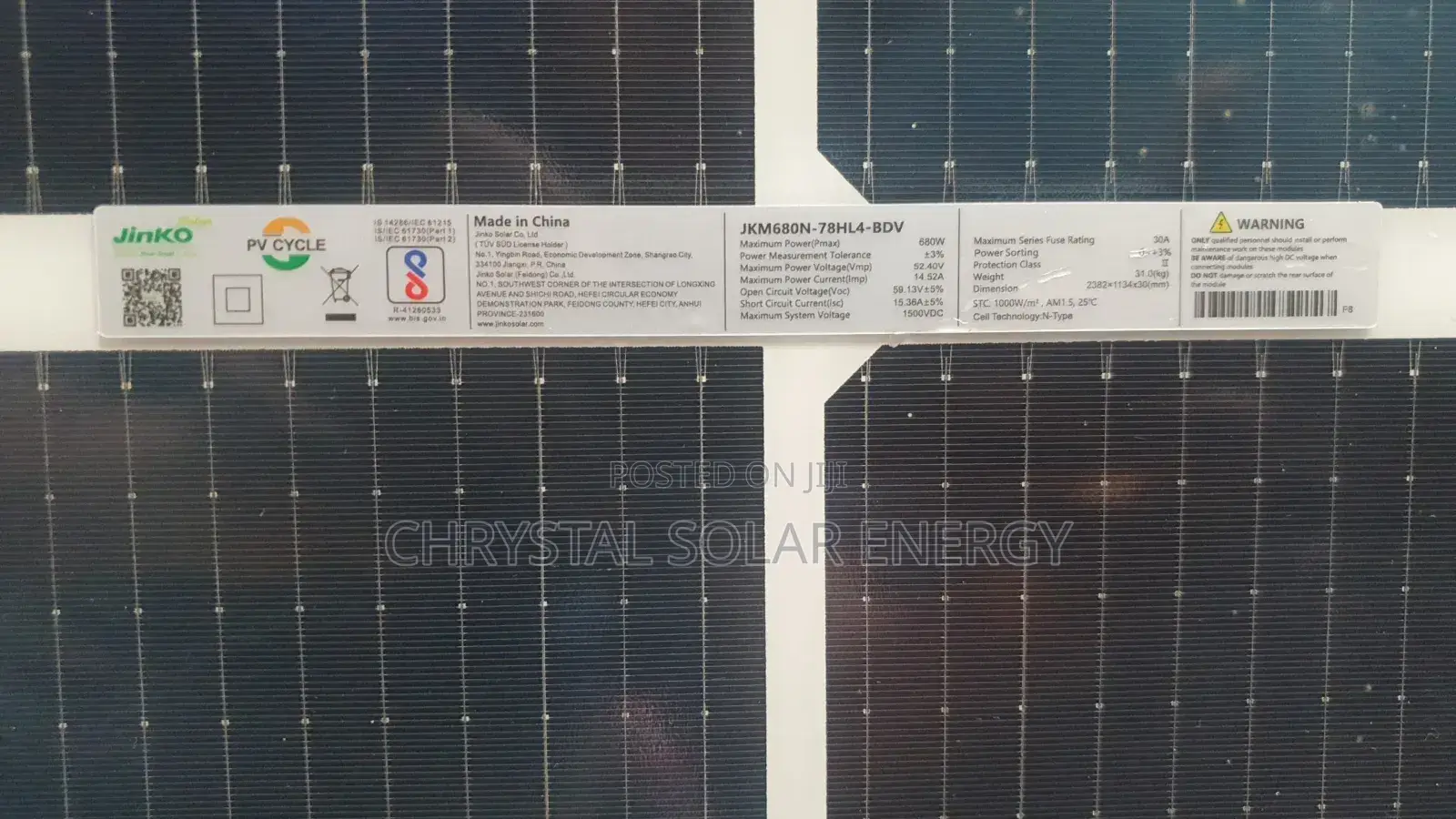 600watts Jinko by-Facial Solar Panel, 156cells, 580watts Max Pv Rating